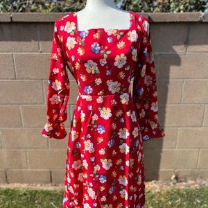 NWT Vintage Retro Style Square NeckDress Midi Dress Red Floral Tie Back Size SML
